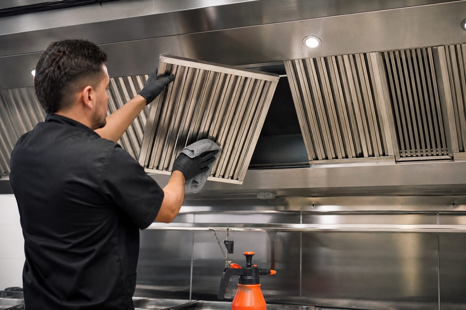 Técnico limpiando un filtro metálico de una campana gastronómica