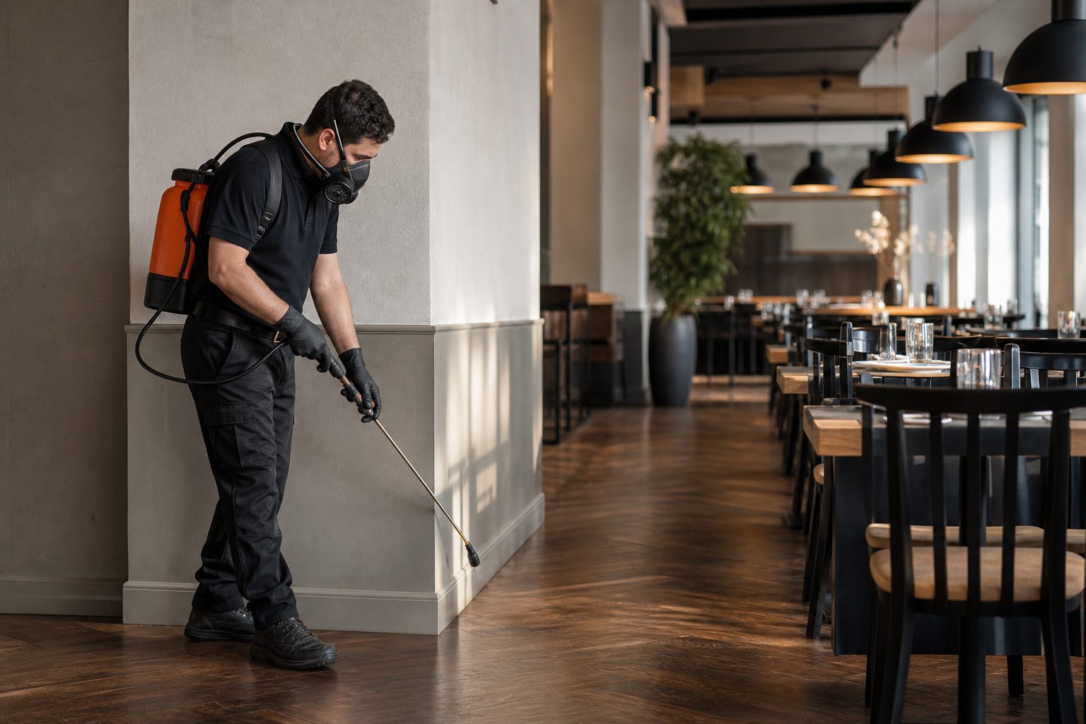 Técnico realizando control de plagas en un restaurante sin público